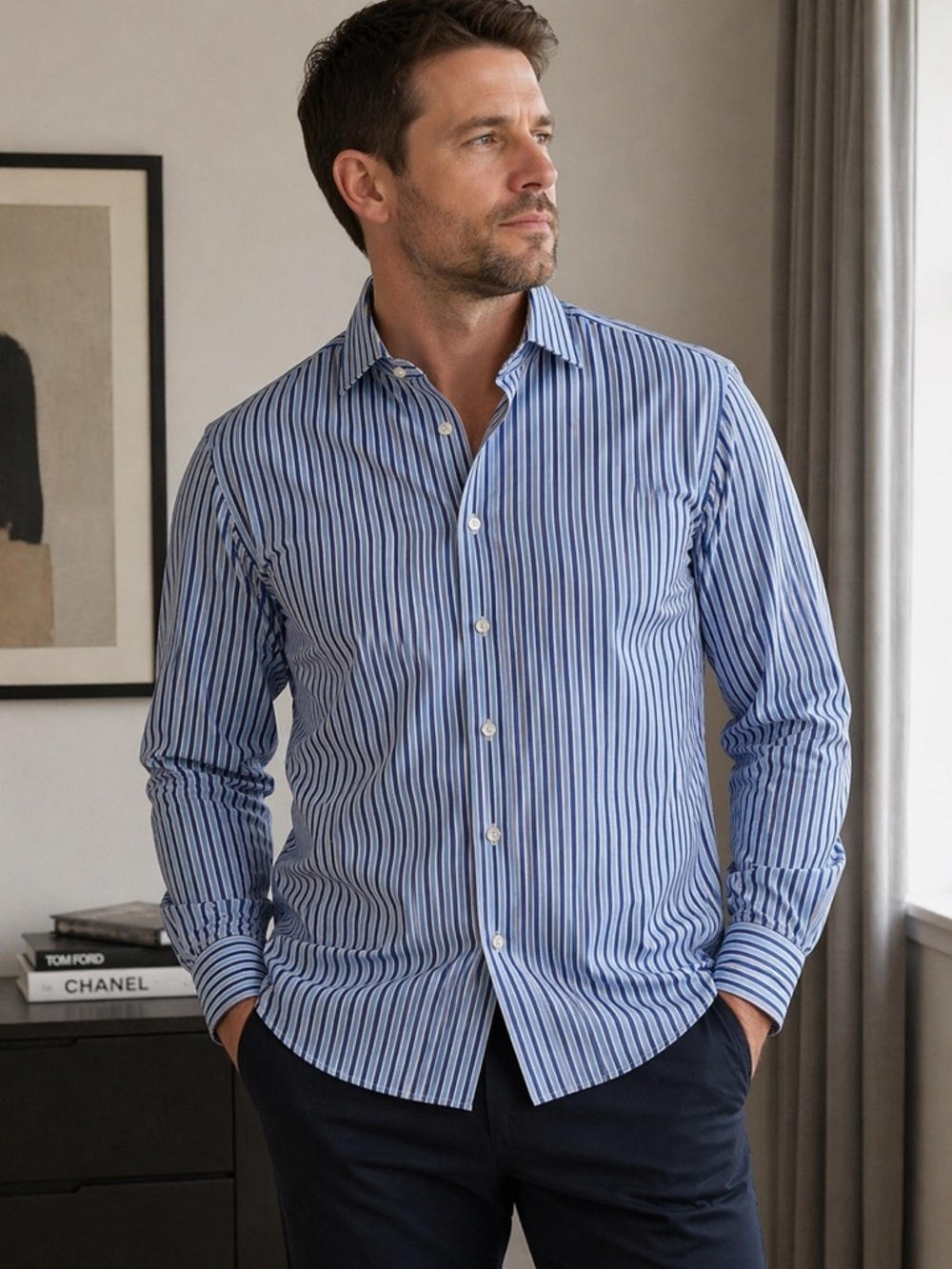 Hugo Boss Men’s Blue White Striped Button Down Shirt 18 Neck 46 Chest